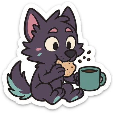 cute wolf pup with dark purple fur, neon mauve and neon teal highlights, munching food, drinking coffee from a mug, comic style sticker