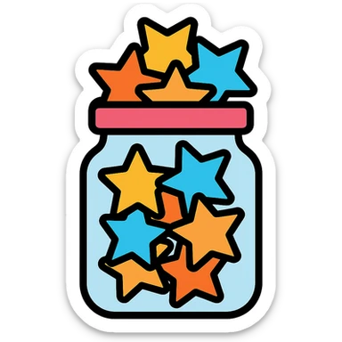 a small jar overflowing with paper lucky stars, color outline icon style sticker