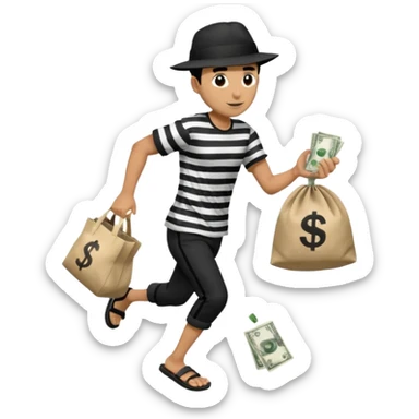 Make a man wear a black pant and he shirt is balck line and white line and wear a black hat and he holding a money bag and he running he wear a black eye thing no money in the Left hand and he yellow and the money bag in the right he wear a flip flop like this is Money bag 💰 NO MONEY sticker