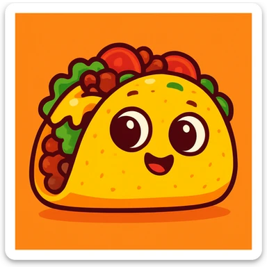 cute Mexican taco, cartoon style, big eyes, vibrant colors, simple background sticker