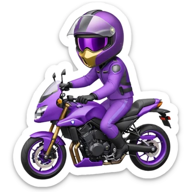 Créer un emoji avec une moto mt07 sport noir mate / violet iridescent très foncé, pare-brise de la moto violet. Avec une pilote dessus, visage masqué par la visière violette . Avec en arrière plan cercle violet. sticker