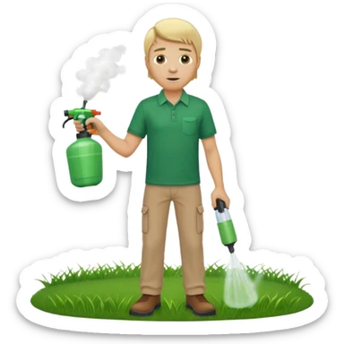 man blonde hair and no hat with a emerald green shirt and tan pants on carrying chemical sprayer and pointing it downwards to spray at bright green grass sticker