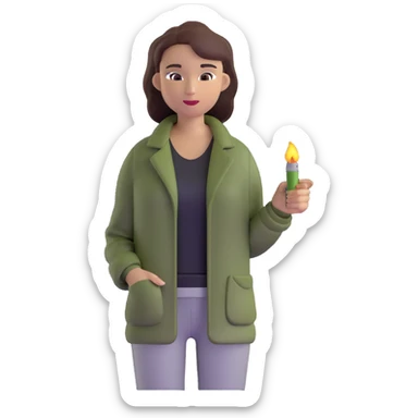 woman wearing dark olive green jacket over a lighter green top sticker