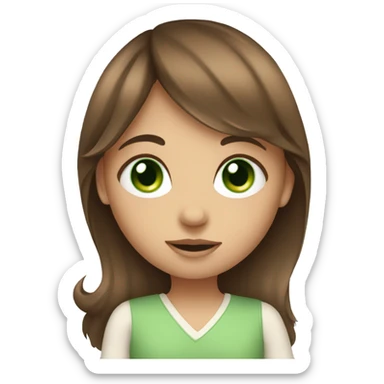 girl with long brown hair with bangs and green eyes holding baby sticker