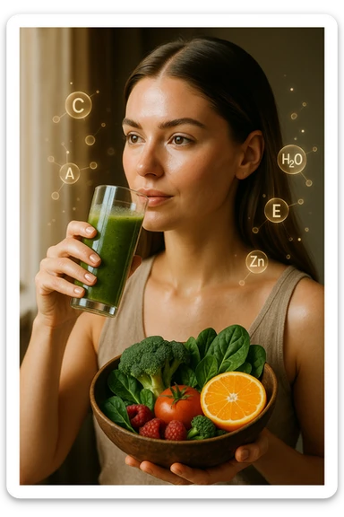 A highly realistic, cinematic portrait of a young woman in her late 20s with glowing, clear, healthy skin and a vibrant scalp with strong, shiny hair, symbolizing internal health reflecting outward. She has a calm, confident expression while sitting by a window with warm daylight softly illuminating her face, highlighting smooth, hydrated skin with a natural glow. Her hair appears clean, full, and strong, indicating a healthy scalp and balanced sebum production. She is drinking a glass of green smoothie rich in antioxidants and holding a bowl of colorful fruits and vegetables, symbolizing how internal nutrition supports skin and scalp health. Subtle, softly glowing overlays of molecular symbols for vitamins, minerals, and hydration molecules gently swirl around her, visually representing the concept of beauty and skin health from the inside out. Style: 35mm hyperrealistic film look, warm tones, soft depth of field, focusing on clear skin texture, healthy scalp, and vibrant hair to inspire holistic wellness sticker