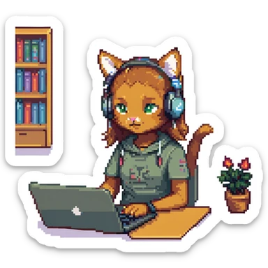 girl with light brown skin and cat headphones, working on a laptop pixel art sticker
