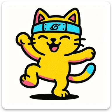 cute cat dancing with a naruto headband, bright colors, pop atmosphere sticker