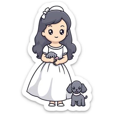 beautiful girl with long black hair in a white dress holding a small gray poodle sticker