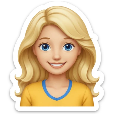 Create a custom emoji-style character inspired by a smiling woman with long, wavy blonde hair, light skin tone, and blue eyes. Emphasize a friendly, approachable expression with a bright smile and soft features. sticker