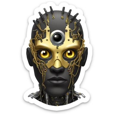 black metal male cyborg head with artificial eyeball, circuitry and wispy yellow gold hair sticker