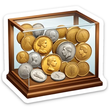 Icon for Coin Collecting: a collection of different vintage and modern coins of various forms and size, neatly arranged in a display case or on a table. The icon should highlight the diversity and historical value of coin collecting. Transparent background. sticker