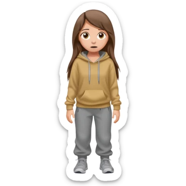Chica grande  asustada de cuerpo completo mirado a la izquierda con pelo castaño largo y piel blanca  pantalones baggy  grises y hoodie gris  sticker