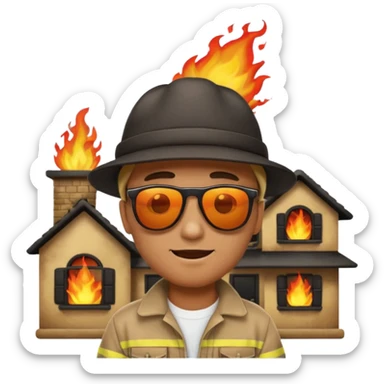 a man standing with a house on fire behind him, apple style emoji sticker