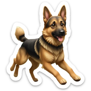 A German Shepherd running through a forest trail, showing strength and motion. Sunlight filtering through trees, dynamic action shot, detailed fur texture. sticker