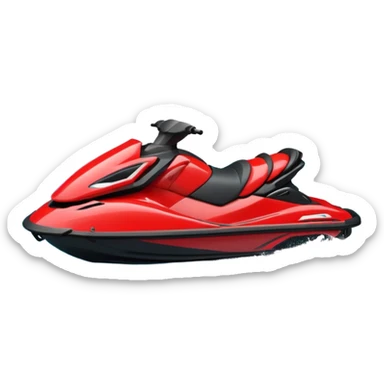 jet ski (red black and white all in the same amount. maybe a red a bit more dominant) on the sea. show the sea under the jet ski - blue with turquoise. no sky - white background instead. DO NOT REMOVE THE SEA AND THE WHITE WHEN FINALIZING!  NO ONE IS ON THE JET SKI  sticker