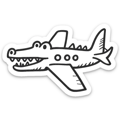 a war plane fused with a crocodile, hand-drawn sketch style, detailed line art sticker