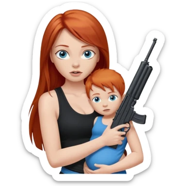 A red head with long straight hair, she has blue eyes with big boobs. She’s wearing a black tank top and holding a gun up in one hand and a baby boy with blue eyes sucking on one of her boobs in the other arm sticker