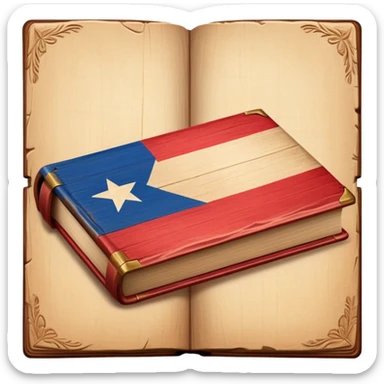 Elegant aged book with the Puerto Rican flag subtly embossed on the cover, carved wooden theater stage symbol, vintage textured cover with warm wood and parchment tones, slightly glowing, representing the eternal legacy of scenic design sticker