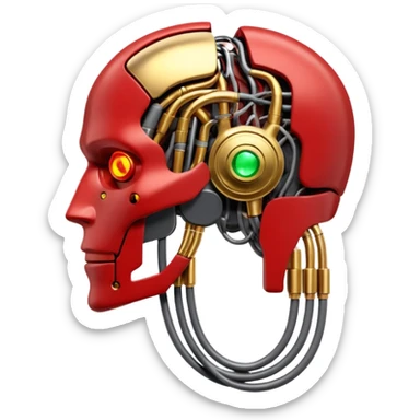 3D render of Neural Link, futuristic cyborg aesthetic, fusion of organic skin and chrome metal, gold brass valves mixed with red muscle tissue, exposed wiring, emoji style, isolated on white background --v 6.0. sticker