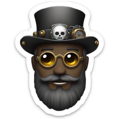 Black&white eyed man with beard wearing steampunk hat with skull sticker