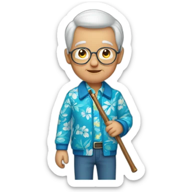 old man child holding cane wearing blue Hawaiian shirt and jacket sticker