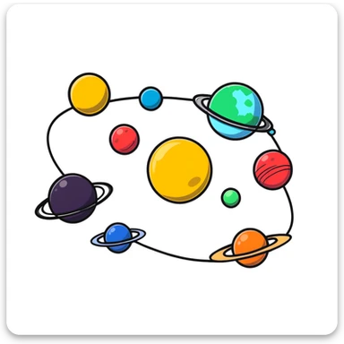 Solar system with planets in the shape of hearts orbiting around a sun, cute colorful heart planets sticker