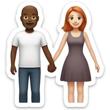 Emoji of a light-skinned red-haired woman and a medium-to-dark brown-skinned man holding hands. Both are smiling with minimalistic, emoji-style features from shoulders up, conveying a friendly, supportive bond. sticker