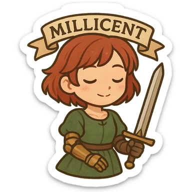 Millicent, chibi style, young woman with short red hair, green dress, prosthetic arm, holding a sword, gentle and determined expression, fantasy vibe, cute and brave sticker