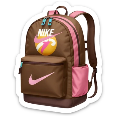 Brown back pack with a pink Nike logo sticker