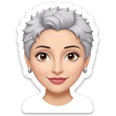 Puerto Rican actress Marian Pabón with elongated face, light pinkish skin, almond-shaped expressive eyes, straight nose, well-defined lips with wide smile, arched eyebrows, pronounced cheekbones, short spiky gray hair like a man's cut sticker