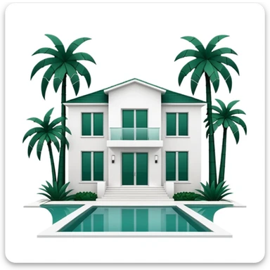 white luxury villa with dark green palm trees, minimalism, no emojis or faces, white background sticker
