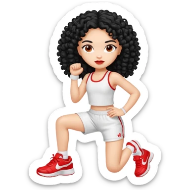 generate a pretty bratz fair skinned girl with curly black hair wearing a white gym set and excersing with red shoes on sticker