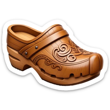 Cinematic Realistic Wooden Clogs Emoji, depicted as a pair of traditionally carved wooden clogs with intricate details and rustic charm. sticker