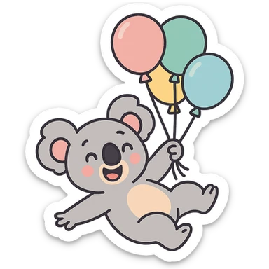 koala floating with pastel balloons, happy face, pastel-toon style sticker
