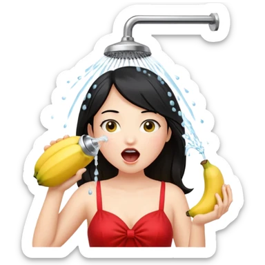 a girl with black hair and red dress with opened mouth drinking pale yellow water coming out from a shower looking like a banana above her head sticker