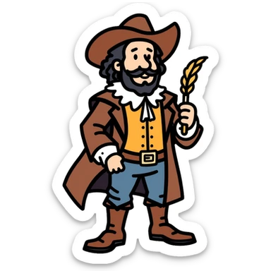 Shakespeare in a cowboy outfit with a scroll and quill sticker