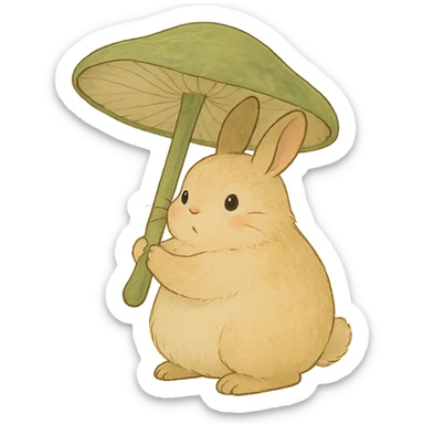 chubby bunny holding a mushroom umbrella, pastel beige and moss green, soft Ghibli style sticker
