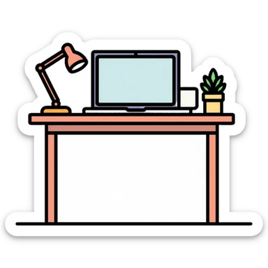 A neat desk workspace with an open laptop, coffee mug, and a small potted plant, minimalist and organized sticker
