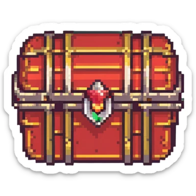 A red RPG treasure chest with gold details, pixelated 16-bit style sticker