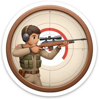 A focused marksman aiming at a target with a rifle, displaying perfect form and concentration. The background includes a target board with concentric rings, emphasizing accuracy and precision in a competitive shooting environment sticker