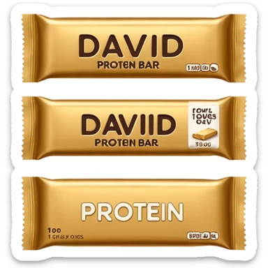 protein bar gold wrapper that says David on it in black font with a small brown box on it  sticker