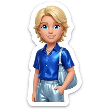 Ken from Barbie and Friends with blue eyes, blonde hair, cobalt blue metallic shirt, light steel blue metallic baggy pants, silver necklace sticker