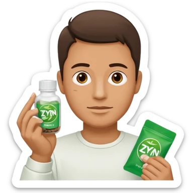 Man holding Zyn spearmint snus in palm and a white pouch in the other sticker