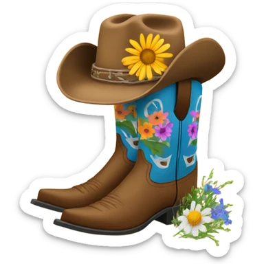 Cowboy Boots with wildflowers sitting inside them and a cowboy hat around them sticker