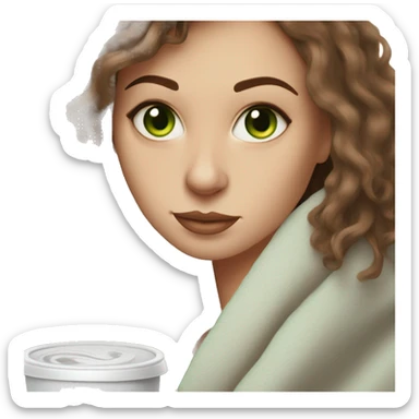 White Woman with light green eyes and brown hair and septum piercing cozy with a blanket drinking iced coffee sticker