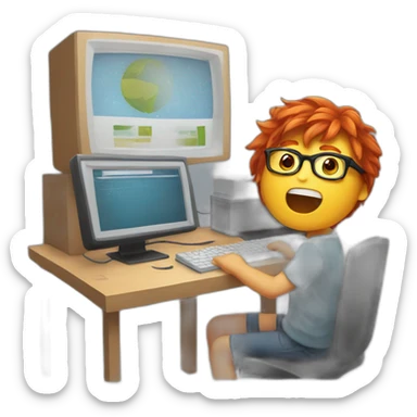 red-haired boy with glasses works at the computer and sings sticker
