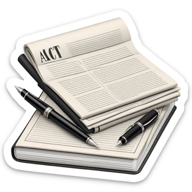 Create an emoji representing journalism and publicistic writing. The design should feature a stack of newspapers, an open notebook, and a classic fountain pen placed on top of the notebook, symbolizing the act of writing. The scene should convey a sense of professionalism and thoughtful analysis. Use a neutral and professional color palette, with black, white, and muted tones. Do not include any emojis or smiley faces. Make the background transparent. sticker
