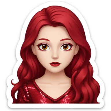Chappell Roan (b.1998) with long dark red hair, red sequin outfit, makeup sticker