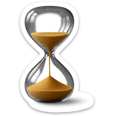 3D hyperrealistic hourglass, 4K render, realistic glass reflections, golden sand flowing inside, transparent background sticker