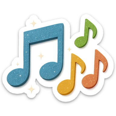 Add sparkling effects to the colorful music notes, keep the paper craft style, layered paper effect, bright colors. sticker
